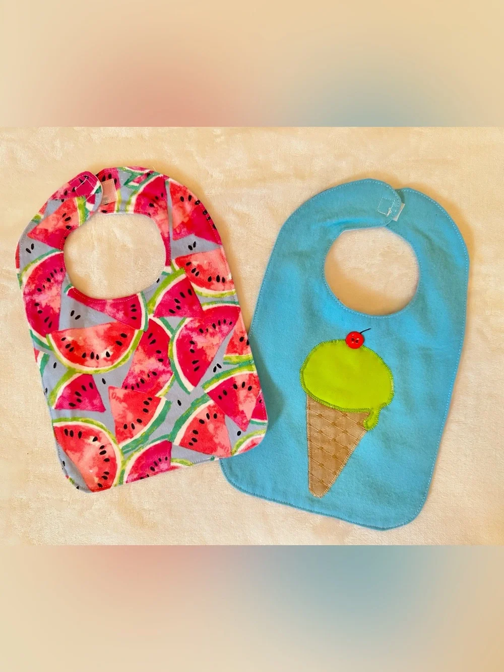 Set of two Bibs with Watermelon Print & Ice Cream Applique
